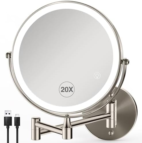 8.5 Inch Magnifying Mirror with Lights, Wall Mounted Makeup Mirror, Dual-Sided 1X/20X, Bright LED Lighting, Space-Saving Design for Bathroom & Vanity, Brushed Nickel