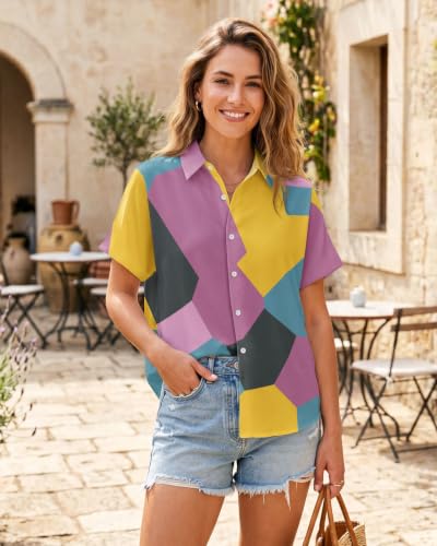 Image of 99TIMORO Fantasy Character Button Down Shirt for Women Short Sleeve | Novel Movie Themed V Neck Collared Tops Lightweight Breathable Beach Vacation Casual Wear Summer Mother Gifts Classic Fit