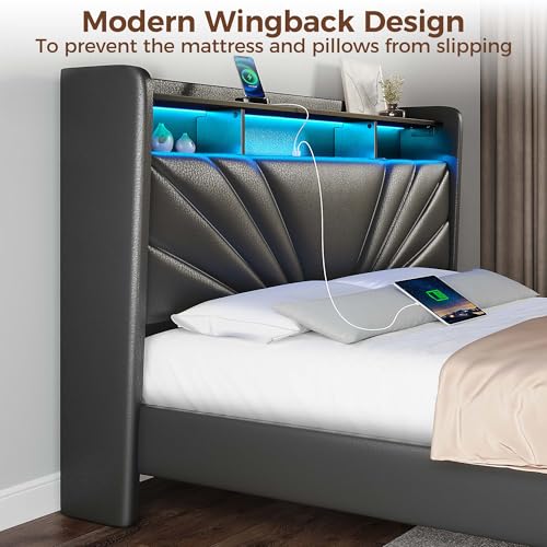 Image of Rolanstar Queen Size Bed Frame, Storage Headboard with Charging Station and LED Lights, Upholstered Bed with Heavy Duty Wood Slats, No Box Spring Needed, Noise Free, Easy Assembly, Black