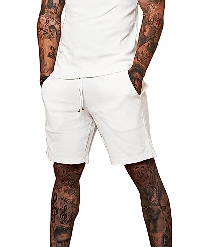 Short d'été gaufré décontracté homme blanc avec poches amples vêtement sport et détente taille 40