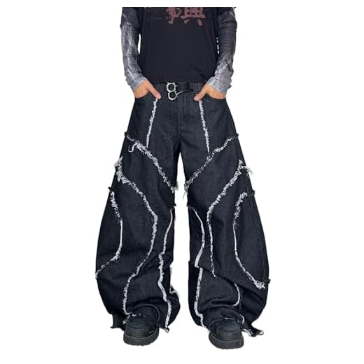 DFGIGT Calça jeans masculina hip hop folgada perna larga skater calça jeans vintage caimento solto streetwear rock, A30 Preto, GG