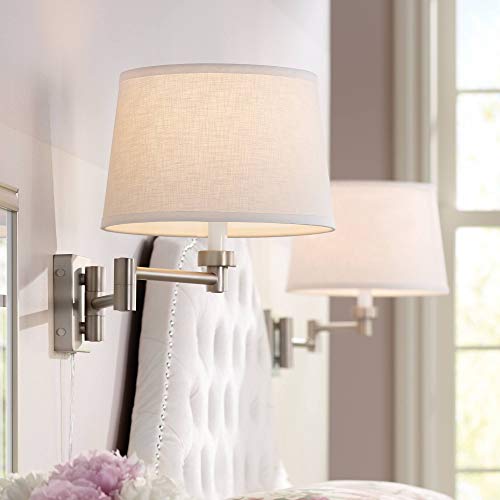 Image of Possini Euro Design Modern Swing Arm Wall Mounted Lamps Set of 2 Brushed Nickel Plug-in Light Fixture Dimmable White Linen Drum Shade for Bedroom Bedside House Reading Living Room Home Dining