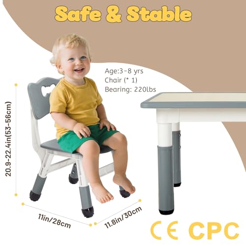 Image of FUNLIO Adjustable Kids Chair (1pc), 3 Level Height Adjustable Toddler Chair for Ages 3-8, Sturdy Child Chairs with Maximum Bearing 220lbs, for Classrooms /Daycares /Homes, CPC & CE Approved - Gray