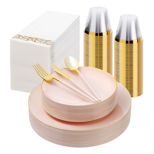 Image of 175 Pieces Pink Gold Plastic Dinnerware Set, Gold Disposable Plates for Party, Easter, Include 50 Pink Plates with 75 Plastic Cutlery, 25 Napkins and 25 Cups