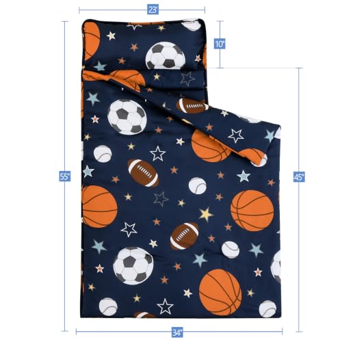 Image of PHF Soft Toddler Nap Mat with Removable Pillow, Rollup Design Kids Sleeping Mat, Slumber Bags for Boys, 55 inchx23 inch Toddler Sleeping Bag for Daycare Preschool Travel Camping, Ball