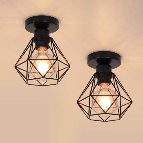 DELIPOP 2 Piezas Lámpara de Techo E27 Vintage, Industrial Metal Lámpara Colgante Diseño de Jaula de Hierro Negro Ø 16CM, Iluminación de Techo de Interior para Pasillo Porche Cocina Dormitorio
