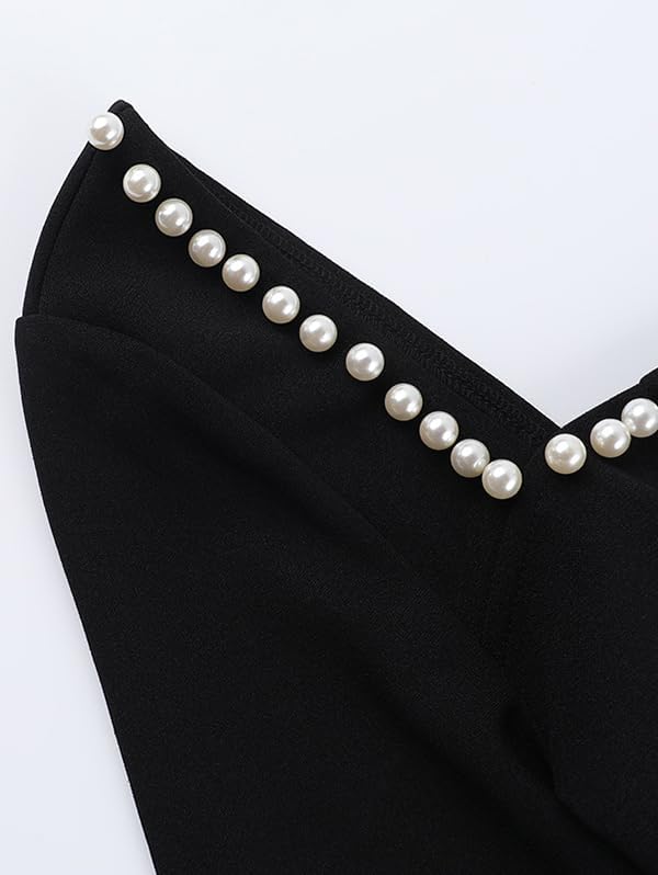 Womens Long Sleeve Faux Pearl Black Mini Dress Square Neck A Line Elegant Short Wedding Party Dresses for Bride - Image 6