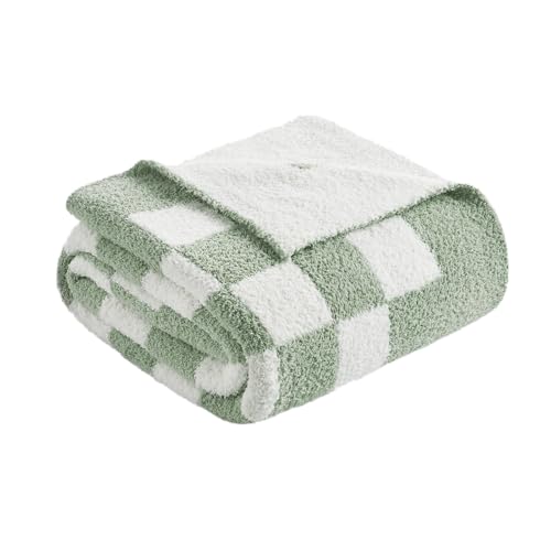 Snuggle Sac Checkered Throw Blanket for Couch, Super Soft, Cozy Warm Knit Blankets, Reversible Plaid Fluffy Throws for Sofa, Bed, Checkered Sage Green, 50x60 Inches