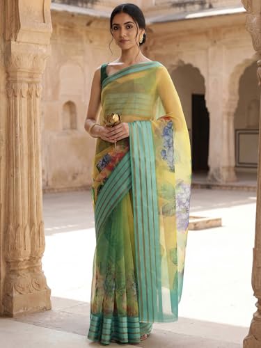 Image of AKHILAM Women's Yellow Organza Floral Printed Saree With Unstitched Blouse Piece (SAGE1004 AI2)