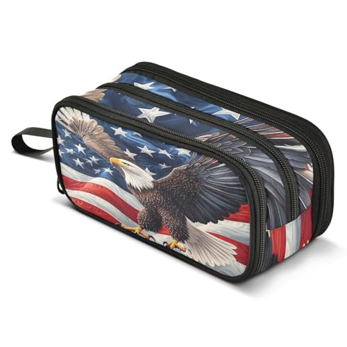 Image of ALAZA Bald Eagle American Flag Pencil Case Large Capacity Pencil Pouch Box Boys Girls School Supplies Pen Case Bag with Handle 3 Compartments Zipper