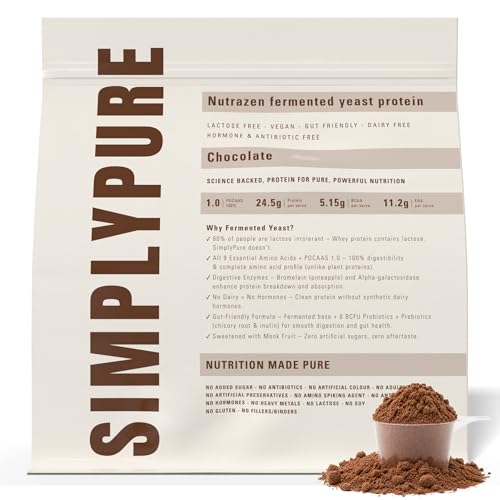 Image of SimplyPure Fermented Yeast Protein Powder 1kg - Chocolate | 24.5g Protein per Serving | PDCAAS 1.0 Complete Protein | Vegan, Lactose Free, Dairy Free | Gut Friendly with Probiotics & Digestive Enzymes | No Sugar, No Soy