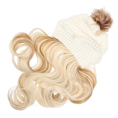 Bonnet tricoté avec extensions de cheveux longs ondulés et pompon blanc VALICLUD taille unique