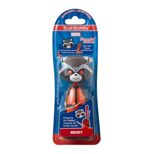 Brush Buddies Marvel Rocket Kids Toothbrush, Soft Rounded Bristles, Poppin' Fun Superhero Toothbrush Cover