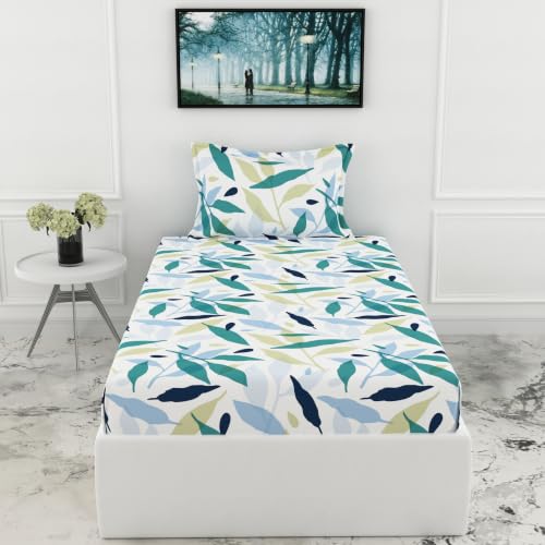 Image of LORETO - A QUALITY LINEN BRAND 210 TC 100% Pure Cotton Single Fitted Bedsheet with 1 Pillow Cover for 78 x 36 Inch Mattress, All-Around Elastic, 8 Inch Deep Pocket, Green Leaf Whisper
