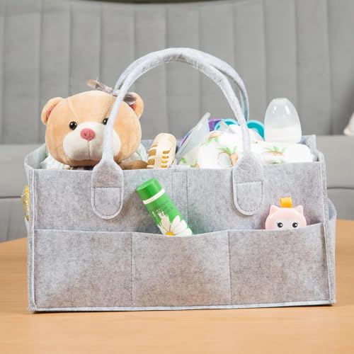 Image of UCRAVO Baby Diaper Caddy Organizer with handles - Nursery Storage basket and Car Organizer for Diapers and Baby Wipes - 5 Compartments, 8 Pockets, Soft, Sturdy, and Convenient Baby Shower Gifts - Grey