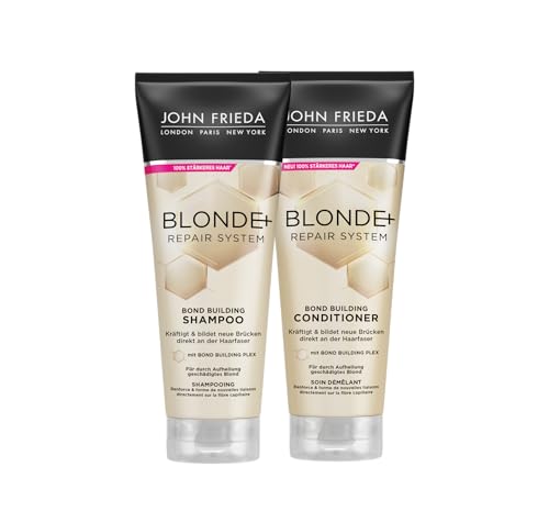 John Frieda Blonde+ Repair System Vorteilspack - Shampoo, 250 ml & Conditioner, 250 ml - Bond Building Plex - Für durch Aufhellung geschädigtes Haar - Bildet neue Brücken direkt an der Haarfaser
