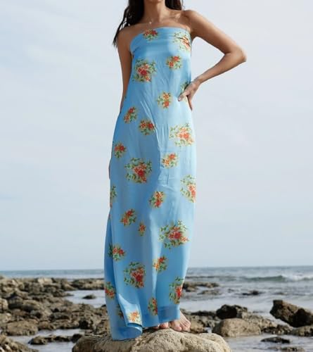 Image of Women Floral Print Maxi Tube Dress Strapless Flowy Long Bandeau Dress Y2K Open Back Sundress Summer Beachwear