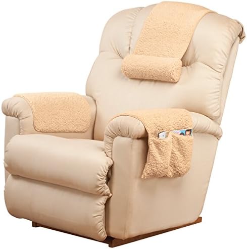 OakRidge 3-Piece Deluxe Set Sherpa Covers for Recliner Chair by–Armchair Cover Caddy 23” L x 14.5” W & Standard Armrest Cover 23” L x 14.5” W & Headrest Cover 20” L x 13” W Beige