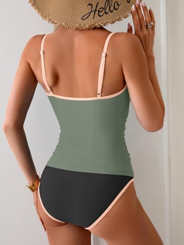 Image of Eomenie Women's Tankini Swimsuits Two Piece Tummy Control Bathing Suit Color Block Slim Swimwear with High Waisted Bottom