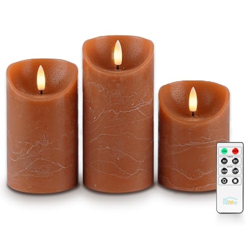 Fanna 3 Braune LED Flammenlose Echtwachs Kerzen Rustikale Design, Batteriekerzen Gewelltem Rand mit Timer für Herbst und Ernte, Fernbedienung und Batterien enthalten - H 10/12,5/ 15cm