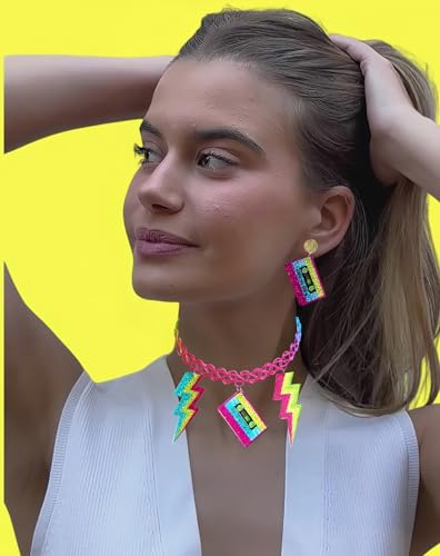 Hupplle 80s Neon Acrylic Jewelry Set Necklace and Earrings for Women 80s 90s Themed Party Accessories With Lightning Bolt Cassette Tape Pendant Retro Costume Jewelry3