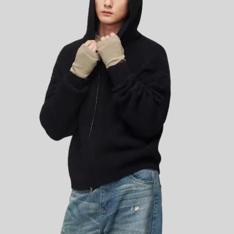 Men's Long Sleeve Double Zipper Rib Knit Sweater Hooded Slim Fit Casual Cardigan2