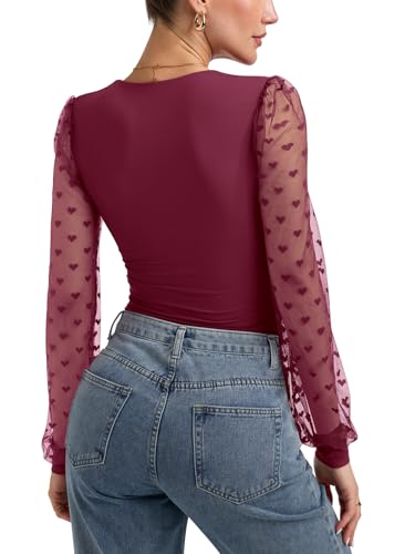 Image of PINKMSTYLE Women's Square Neck Double Lined Mesh Long Sleeve Bodysuits