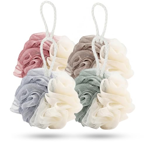 4 Pezzi Spugna Doccia, 60g Large Spugne Doccia, Spugna da Bagno Esfoliante in Rete, Sfera Doccia Luffa, Deterge in Profondità i Pori e Produce una Schiuma Ricca (4 Colori)