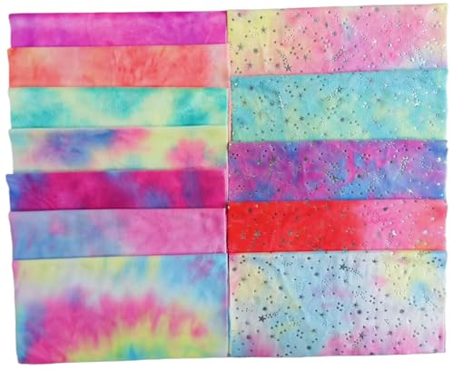 12pcs 12 x 12 Inches Tie Dye Solid and Star DIY Fabric Crystal Velvet Short Plush DIY Material Set Precut Bundle Patchwork Squares for Home Crafts Sewing