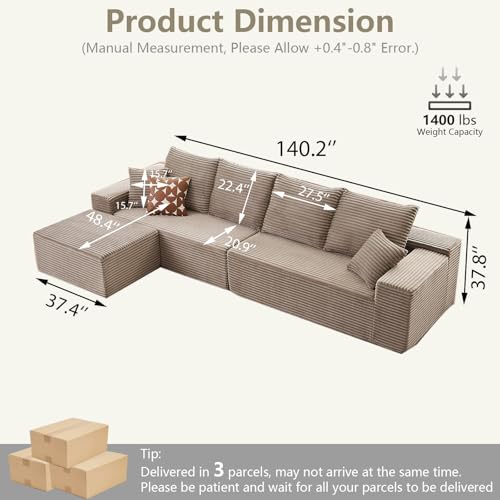 Image of 140 inch L Shaped Cloud Sectional Couch for Living Room, Modular Floor Deep-Seat Sofa, Big Comfy Corduroy Couches Set with Fluffy Memory Foam for Living Room Bedroom, No Assembly Required, Camel