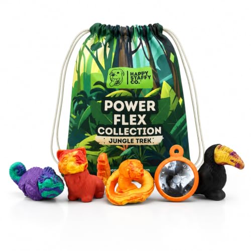 Happy Staffy PowerFlex Jungle Trek Dog Toys - 5 Piece Durable Chew Toy Set for Strong Chewers - PowerGrip Nylon-Rubber Blend - Interactive Squeaker - Jungle Themed - Medium to Large Dogs 25-175lb
