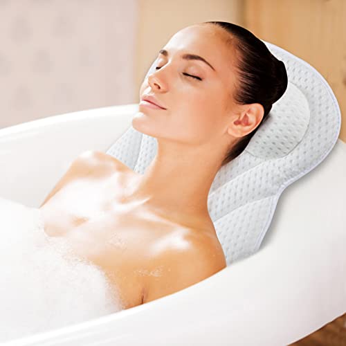 Bath Pillow 4D Ergonomic Bath Pillow Neck and Back Support Bath Cushion Air Mesh Technology Bath Headrest Pillow Bath Pillows with Strong Suction Cups Fits All Bathtub, Hot Tub and Home Spa (White)