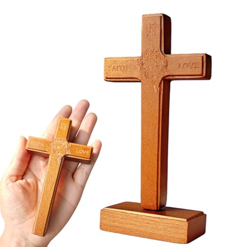 PHYUKEY Wooden Wall Cross with Jesus Christ Small Cross Standing Crucifix with Detachable Stand for Wall Hanging or Tabletop Display Christian Gift & Catholic Home Decor- 5.5in