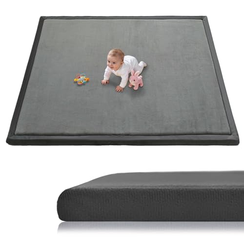 Image of Baby Play Mat for Floor, 1.3 Inch Thick Memory Foam Tummy Time Mat with Non Slip Backing, Soft Coral Velvet 50x50 Inch Playpen Mat Crawling Tatami for Infants Toddlers Kids, Dark Gray