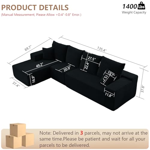 Image of 135.4 inch Modular Sectional Sofa, Modern Corduroy Cloud Couch with Deep Seat, Boneless Couch Upholstered 4-Seater L-Shaped Sofa for Living Room, No Assembly Required (Black, Left-Facing Chaise)