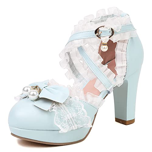 Mary Janes bleu à talon carré et plateforme ruffles taille 40 pour femme