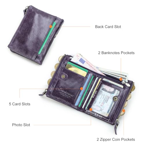 Image of CONTACTS Soft Leather Wallet for Women Small Bifold Coin Purse Double Zipper Card Holder with RFID Blocking (Eggplant Purple)