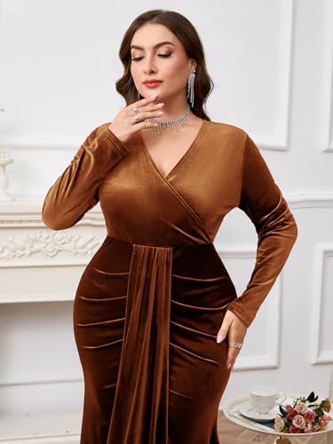 Zomva Plus Size Velvet Wrap Dress Long Sleeve V Neck Mermaid Maxi Formal Evening Gowns For Wedding Guest Cocktail Party, Rust Brown, 4X #TOP16