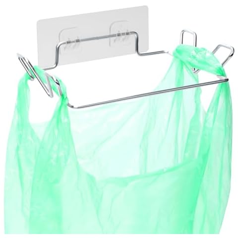 OYSIR Stainless Steel Trash Bag Holder for Kitchen Cabinets Doors and Cupboards, Under Sink Bag Hanger, Portable Trash can, Waste Bins, Wall Adhesive Hanging Garbage Bins, with Wall Sticker Base Cover