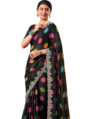 Image of SIRIL Women's Chiffon Bandhani Printed Saree, Sequence Embroidery Border