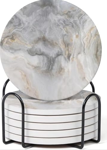 TIED RIBBONS Coasters Set of 6, 4 Inch | Drinks Coaster With Holder and Cork Base | Absorbent Coasters for Tabletop, Housewarming Gifts, Wedding Party, Valentines Decorations (White and Grey Marble)