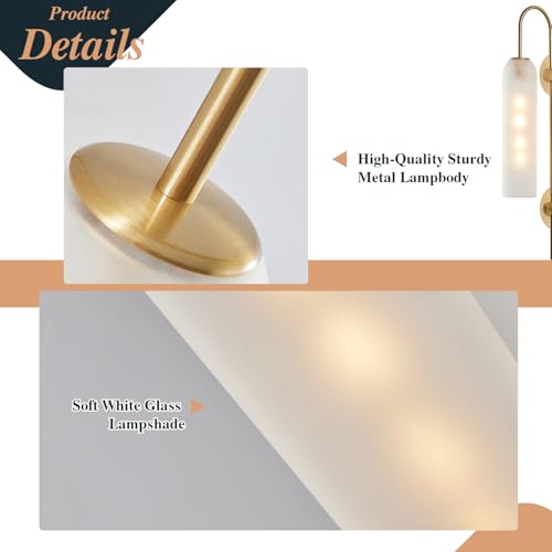 Image of BOKT Mid Century Modern Plug in Wall Sconces Indoor Long Brushed Gold Milk White Glass Sconces Wall Lighting Single Wall Sconce Bathroom Vanity Light Brass Wall Mounted Light Fixture (White)