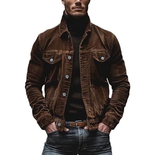 amropi Vestes en Velours Côtelé pour Hommes Chemise à Manches Longues Bouton Rayée Léger Jacket Café, L