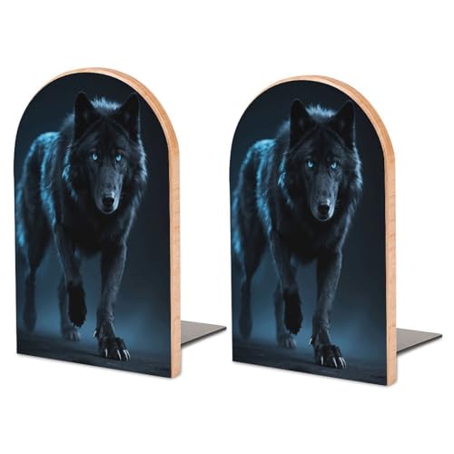 Sujetalibros de madera con base de metal Cool Cyan Black Wolf 2