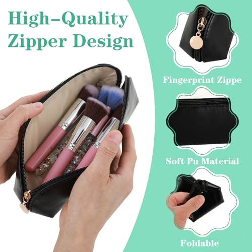 Image of Small Pencil Case, Waterproof Leather Pen Bag, Portable Aesthetic Pencil Pouch Cute Organizer Bag with Zipper for Pen Pencils Markers Office Supplies Makeup Brush(Black)