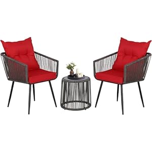 BPTD 3 Piece Outdoor Bistro Set Patio Set Balcony Furniture Outdoor Furniture Rattan Chair Conversation Sets with Side Table for Porch, Backyard, Balcony (DGRY-Red)