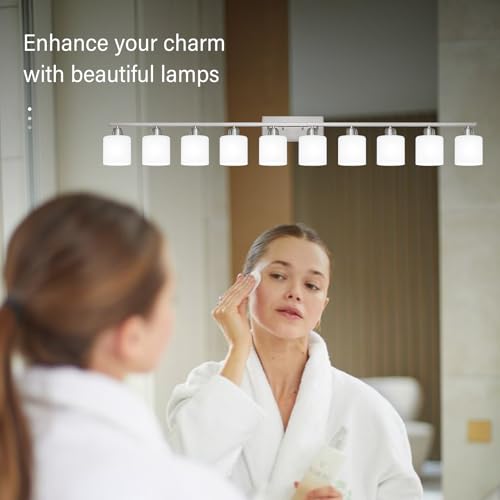 Image of Brushed Nickel Bathroom Sink Lighting Fixtures for Giant Mirror, Anti-Rust Finish 65 inch 10 Light Bathroom Vanity Light Fixtures Modern with Milky White Frosted Glass