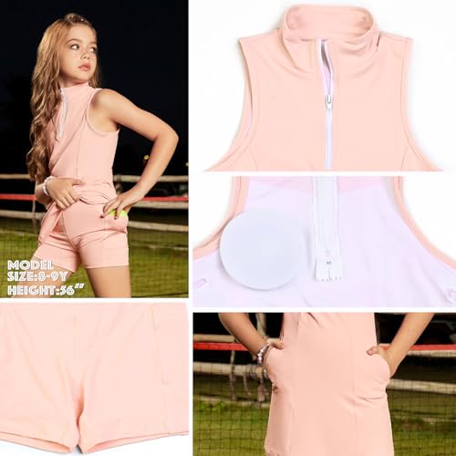Image of Perfashion Girls Tennis Dress 1 /4 Zip Golf Outfit Built-in Bra & Shorts Pickleball Athletic Dress Workout Pockets 4-13Y