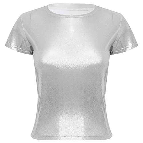 JEATHA Damen Glänzendes T-Shirt Metall Bluse Oberteil Kurzarm Sommer Tops Rundhals Hemd 70er 80er Disco Party Kostüm Glitzer Top Shirt Silber S Cover