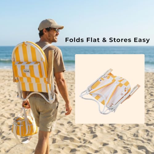 Image of 4-Position Padded Beach Chair Set of 2, Low Backpack Beach Chair | Wooden Armrests & Foldable Design, Side Pocket & Zippered Rear Pouch, Cala Serena Ochre Stripe
